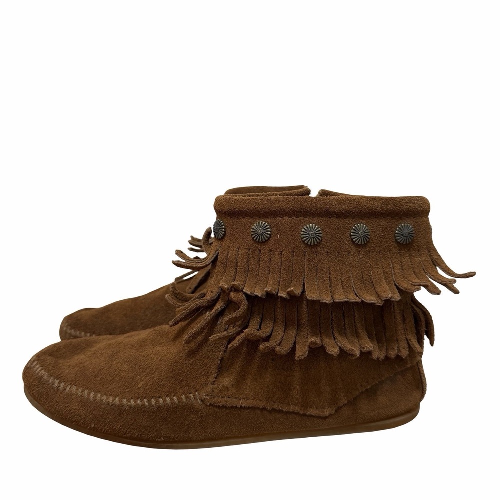 Minnetonka Womens Moccasin Suede Fringe Ankle Boots US 8 Brown Side Zip Western